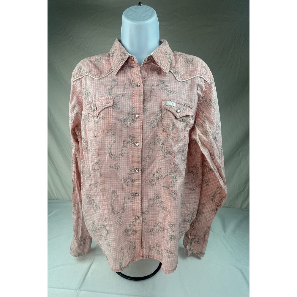 Cruel Girl Pink Horseshoe Floral Western Snap Shirt Long Sleeve Womens Large